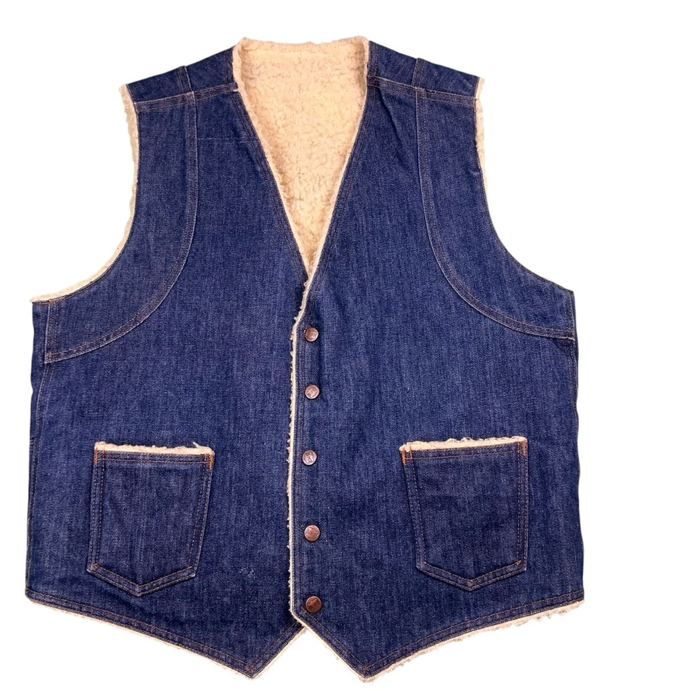 Vintage 70s Big Smith dark wash denim Sherpa Vest union made USA XL
